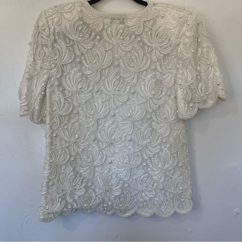 Laurence Kazar New York White Beaded & Pearl Short Sleeve Fancy Shirt - Picture 2 of 15